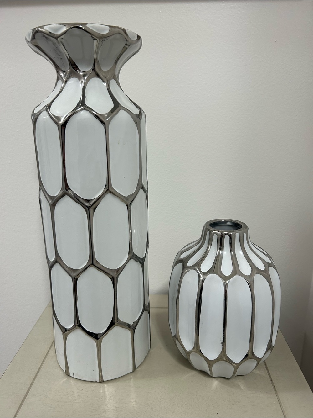 White and Silver Decorative Ceramic Vases - Set of 2